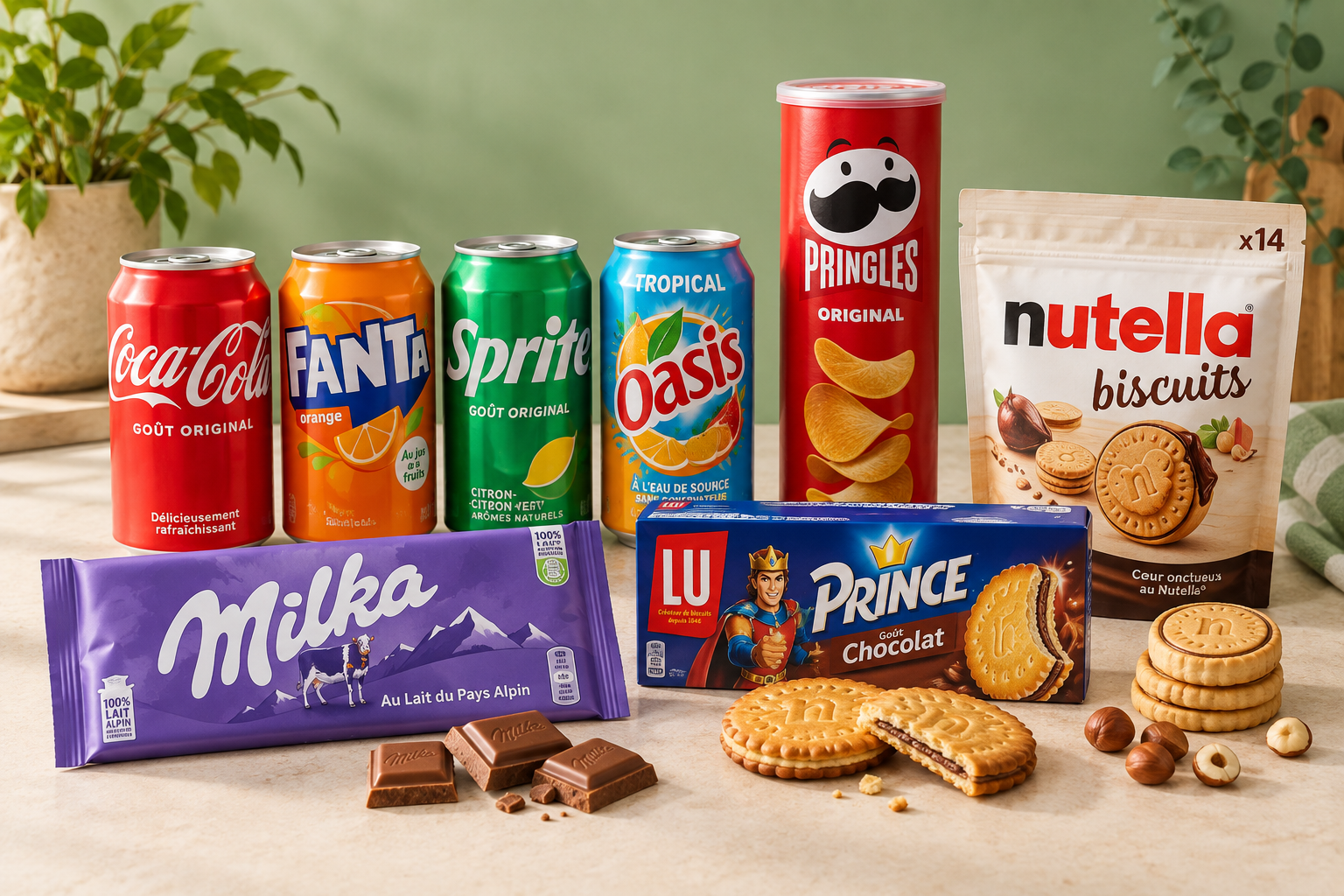 Illustration de boissons, biscuits, chocolat et chips du catalogue